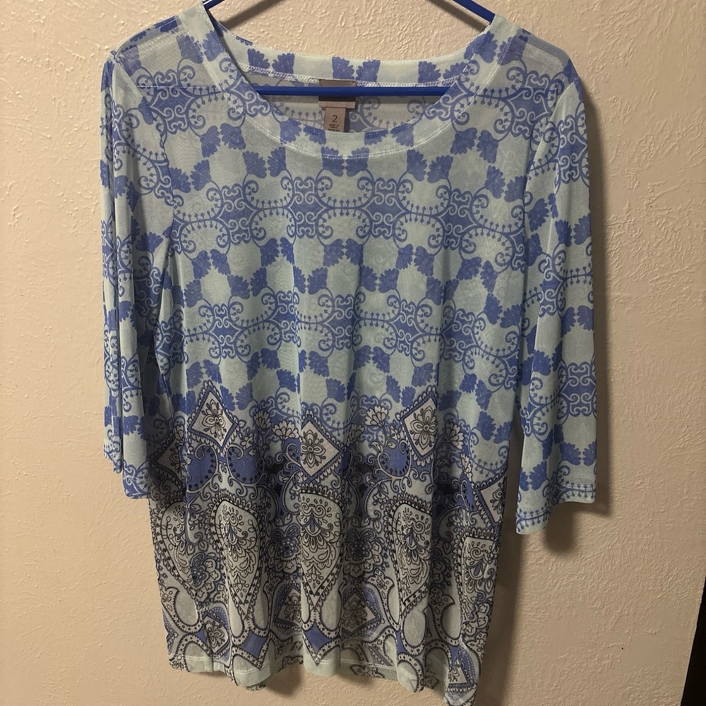 Chico's Blue and White Patterned Long Sleeve Top